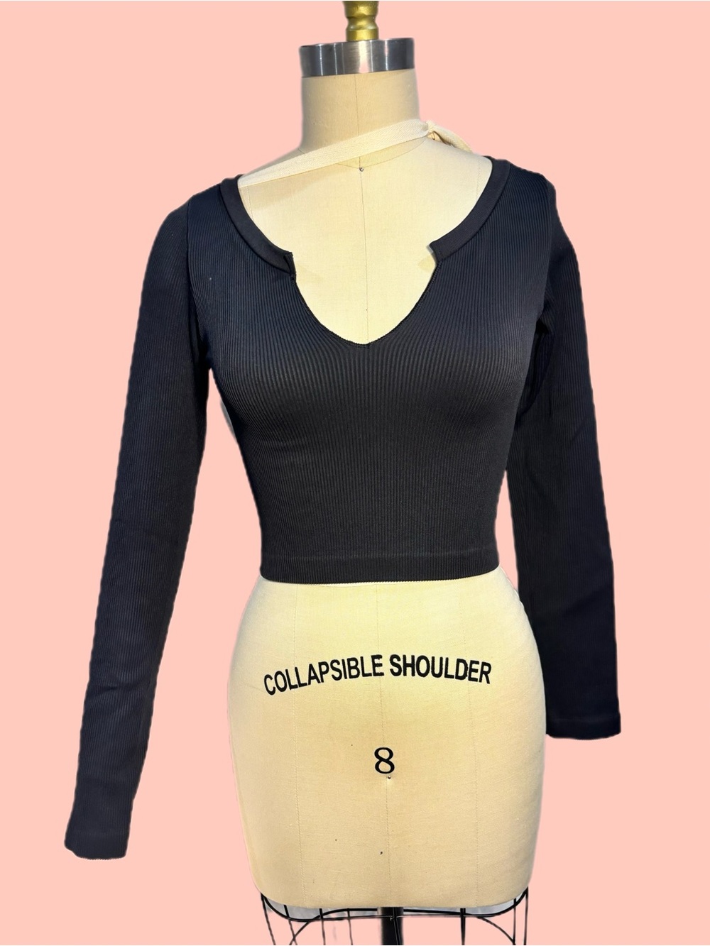 Ribbed V-Neck Long Sleeve Crop Top - Black